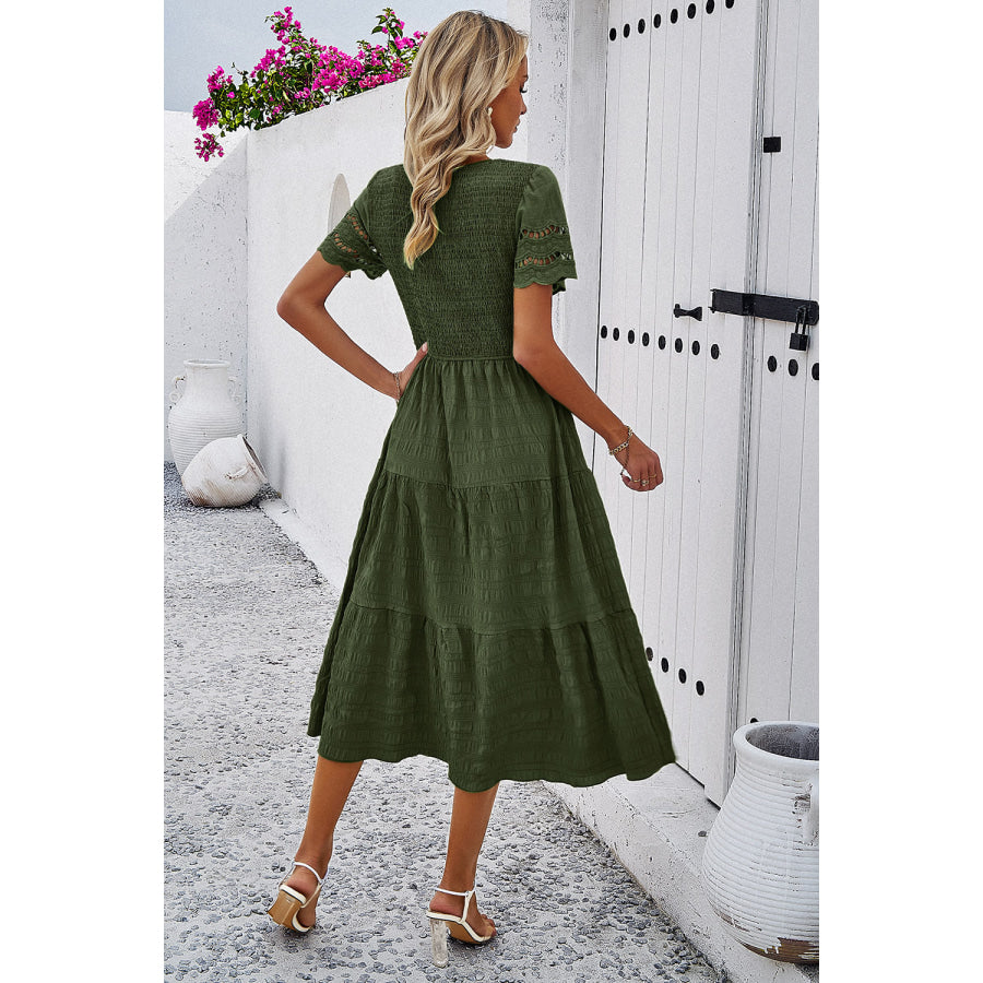 Smocked Round Neck Short Sleeve Midi Dress Apparel and Accessories