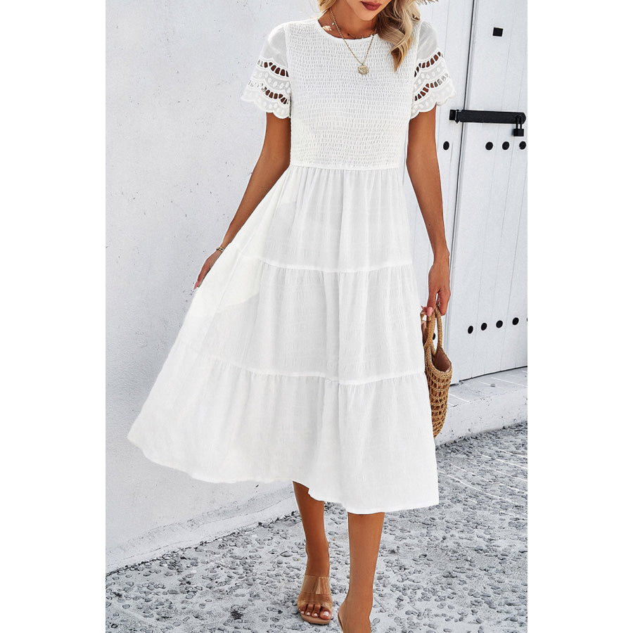 Smocked Round Neck Short Sleeve Midi Dress Apparel and Accessories