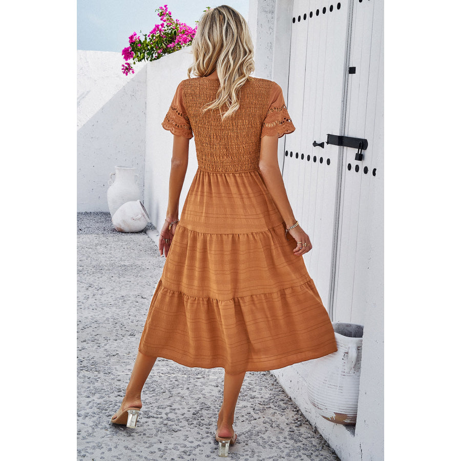 Smocked Round Neck Short Sleeve Midi Dress Apparel and Accessories