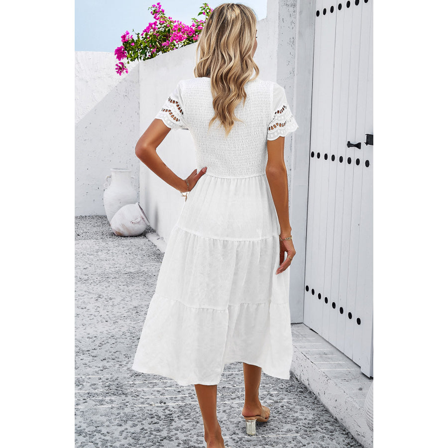 Smocked Round Neck Short Sleeve Midi Dress Apparel and Accessories