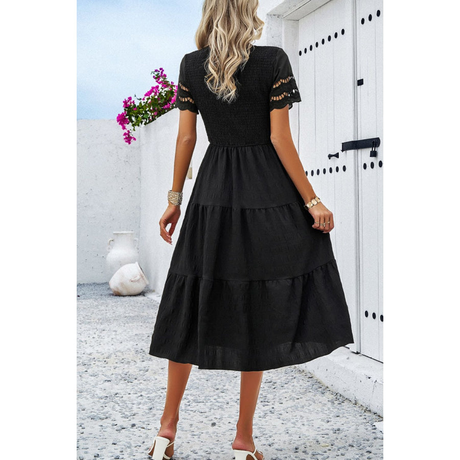 Smocked Round Neck Short Sleeve Midi Dress Apparel and Accessories