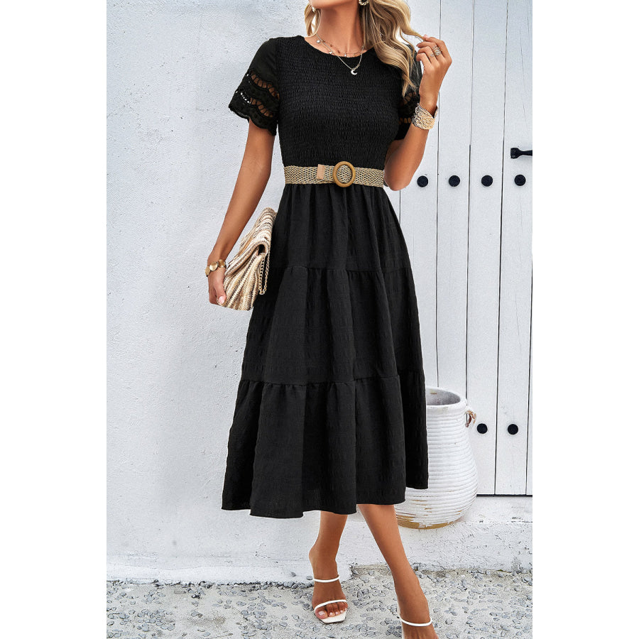 Smocked Round Neck Short Sleeve Midi Dress Apparel and Accessories