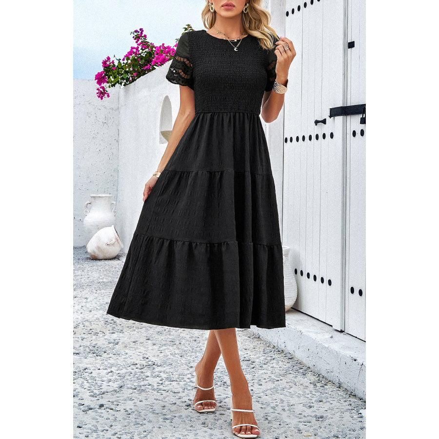 Smocked Round Neck Short Sleeve Midi Dress Black / S Apparel and Accessories