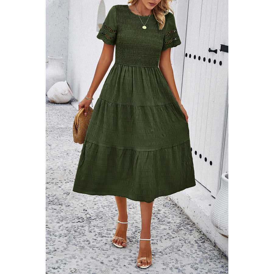 Smocked Round Neck Short Sleeve Midi Dress Moss / S Apparel and Accessories