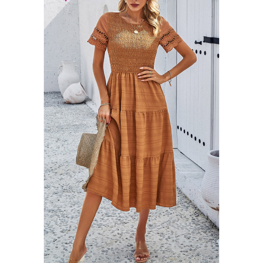 Smocked Round Neck Short Sleeve Midi Dress Ochre / S Apparel and Accessories