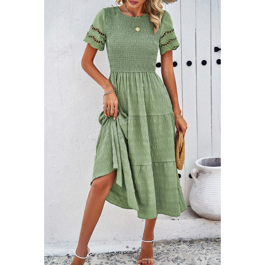 Smocked Round Neck Short Sleeve Midi Dress Sage / S Apparel and Accessories