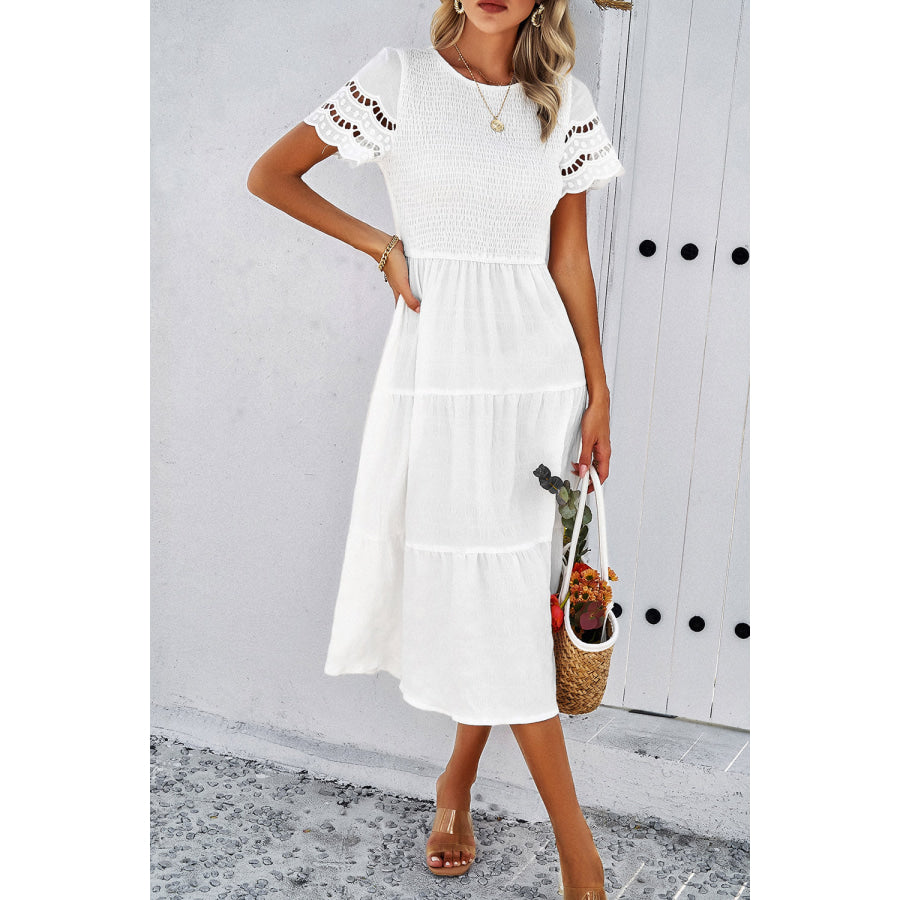 Smocked Round Neck Short Sleeve Midi Dress White / S Apparel and Accessories