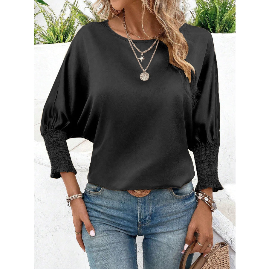 Smocked Round Neck Three - Quarter Sleeve Blouse Apparel and Accessories