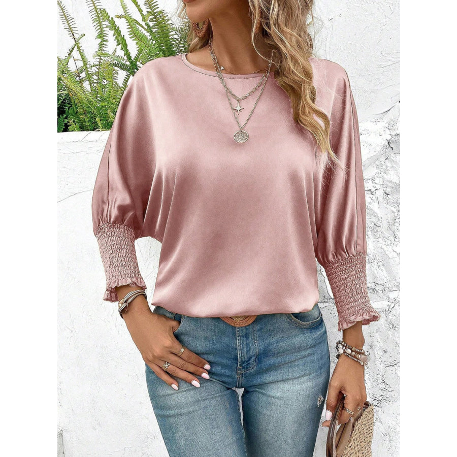 Smocked Round Neck Three - Quarter Sleeve Blouse Apparel and Accessories