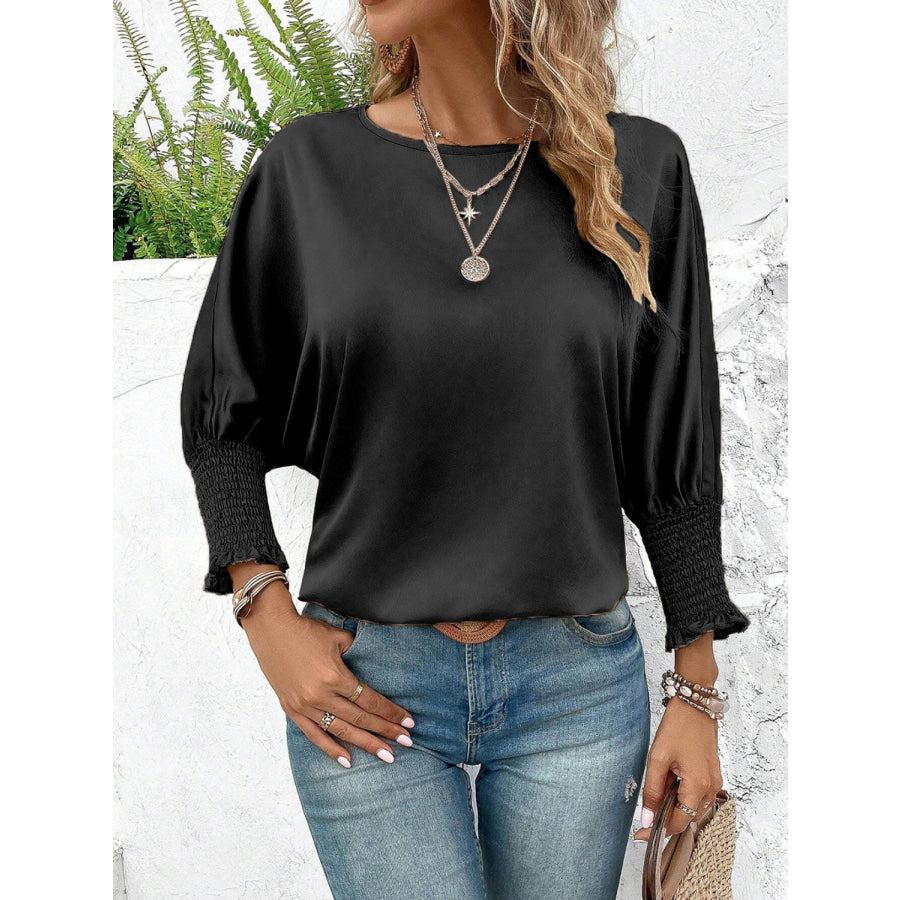 Smocked Round Neck Three - Quarter Sleeve Blouse Apparel and Accessories