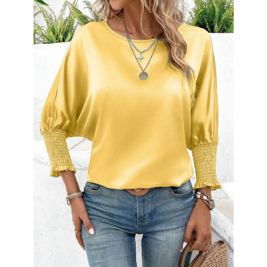 Smocked Round Neck Three - Quarter Sleeve Blouse Apparel and Accessories