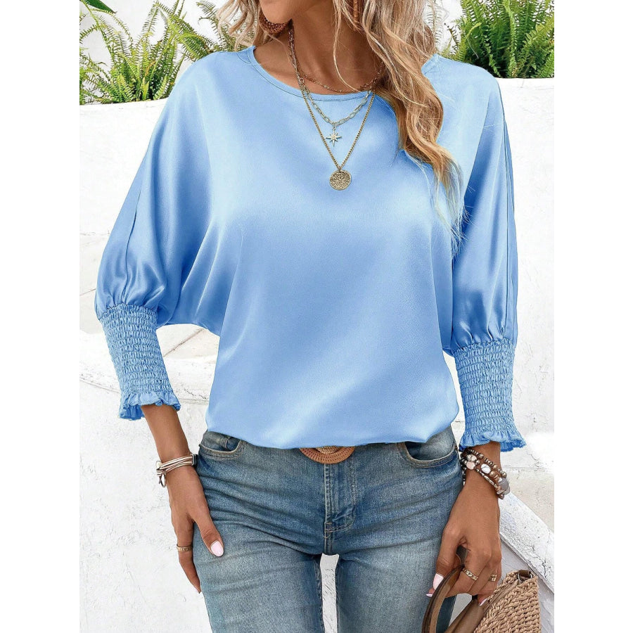 Smocked Round Neck Three - Quarter Sleeve Blouse Apparel and Accessories