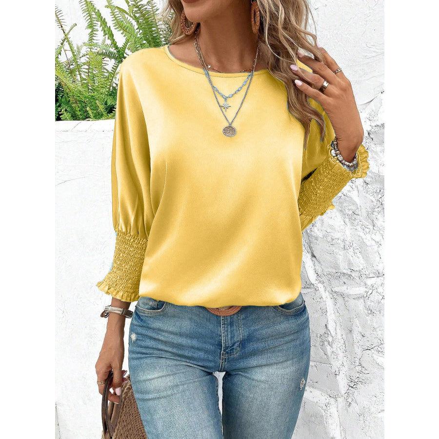 Smocked Round Neck Three - Quarter Sleeve Blouse Apparel and Accessories