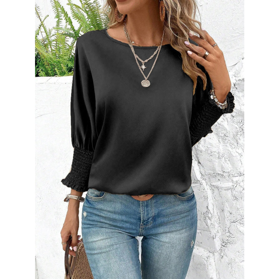 Smocked Round Neck Three - Quarter Sleeve Blouse Black / S Apparel and Accessories