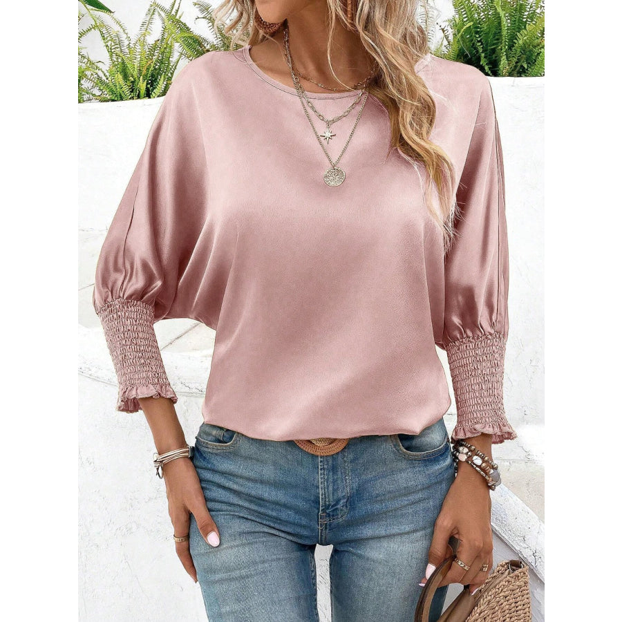 Smocked Round Neck Three - Quarter Sleeve Blouse Blush Pink / S Apparel and Accessories