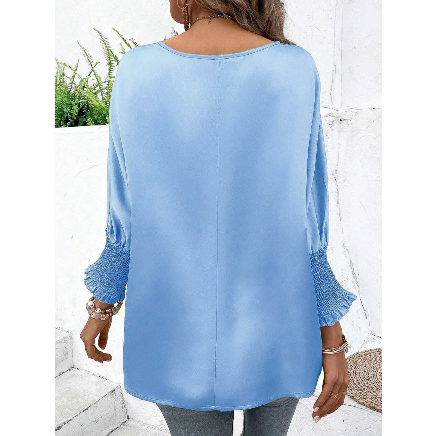 Smocked Round Neck Three - Quarter Sleeve Blouse Pastel Blue / S Apparel and Accessories