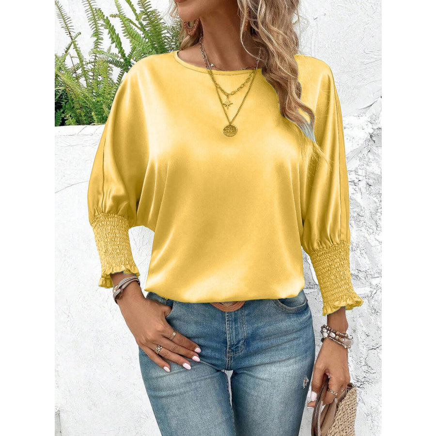 Smocked Round Neck Three - Quarter Sleeve Blouse True Yellow / S Apparel and Accessories