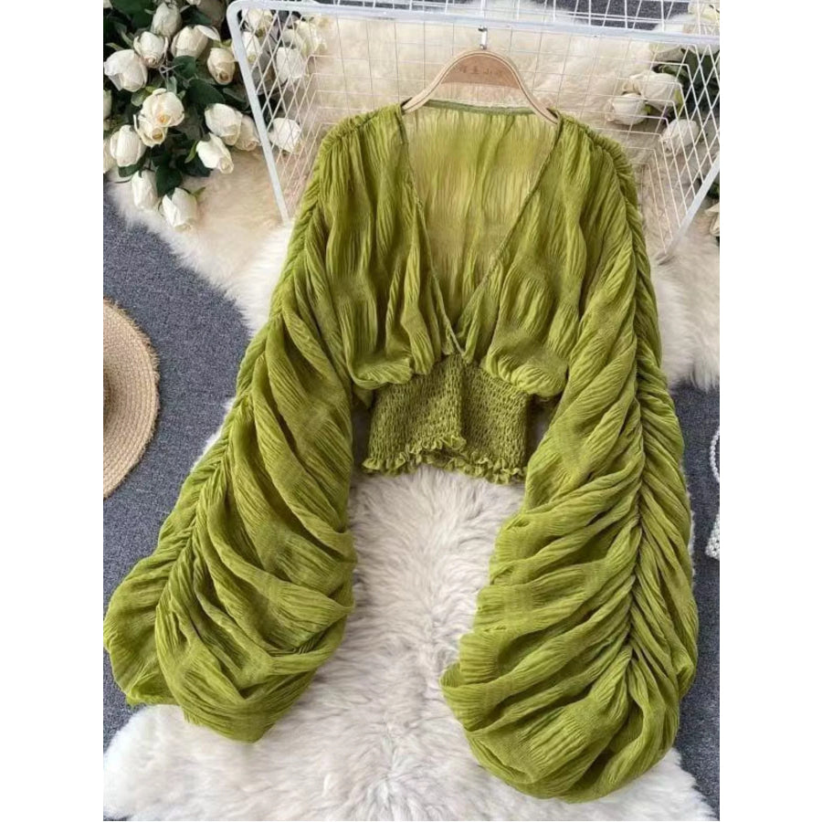 Smocked Ruched Long Sleeve Blouse Green / S Apparel and Accessories