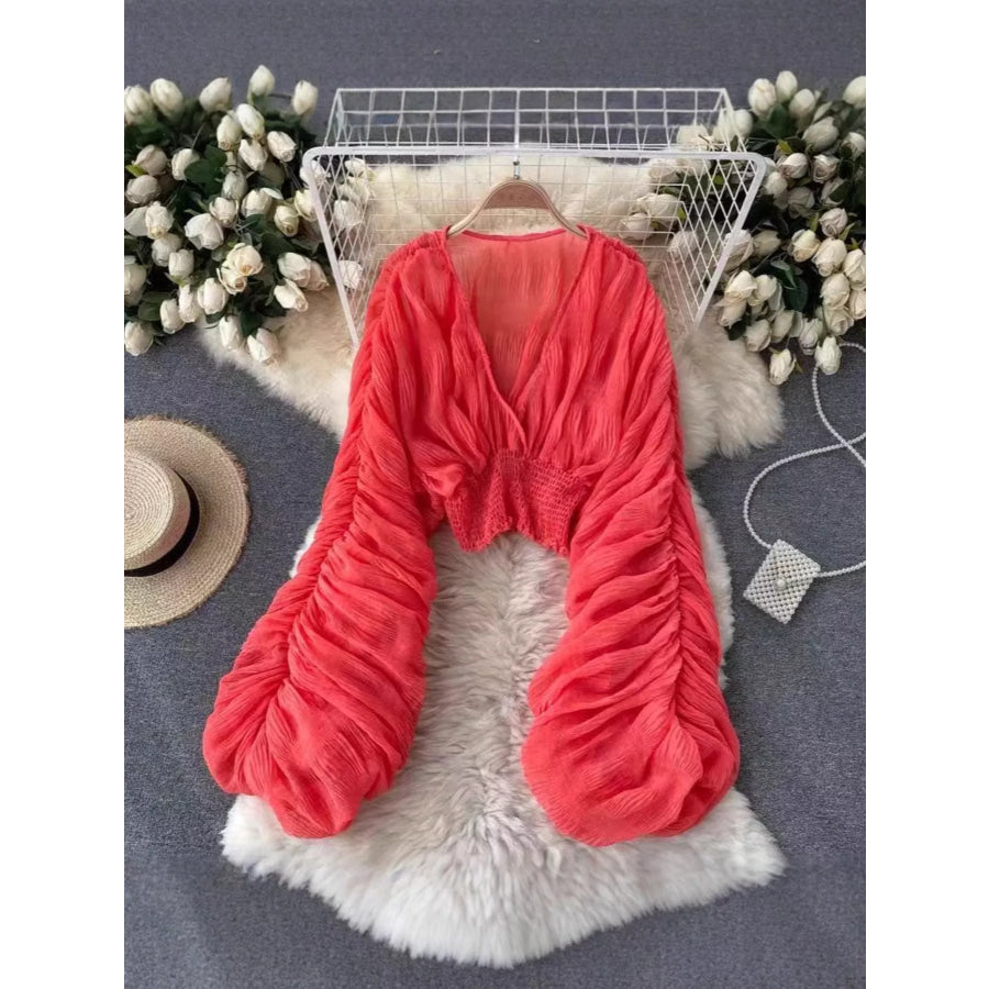 Smocked Ruched Long Sleeve Blouse Orange / S Apparel and Accessories