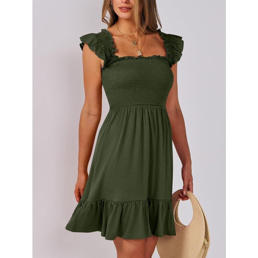 Smocked Ruffle Hem Mini Dress Army Green / S Apparel and Accessories