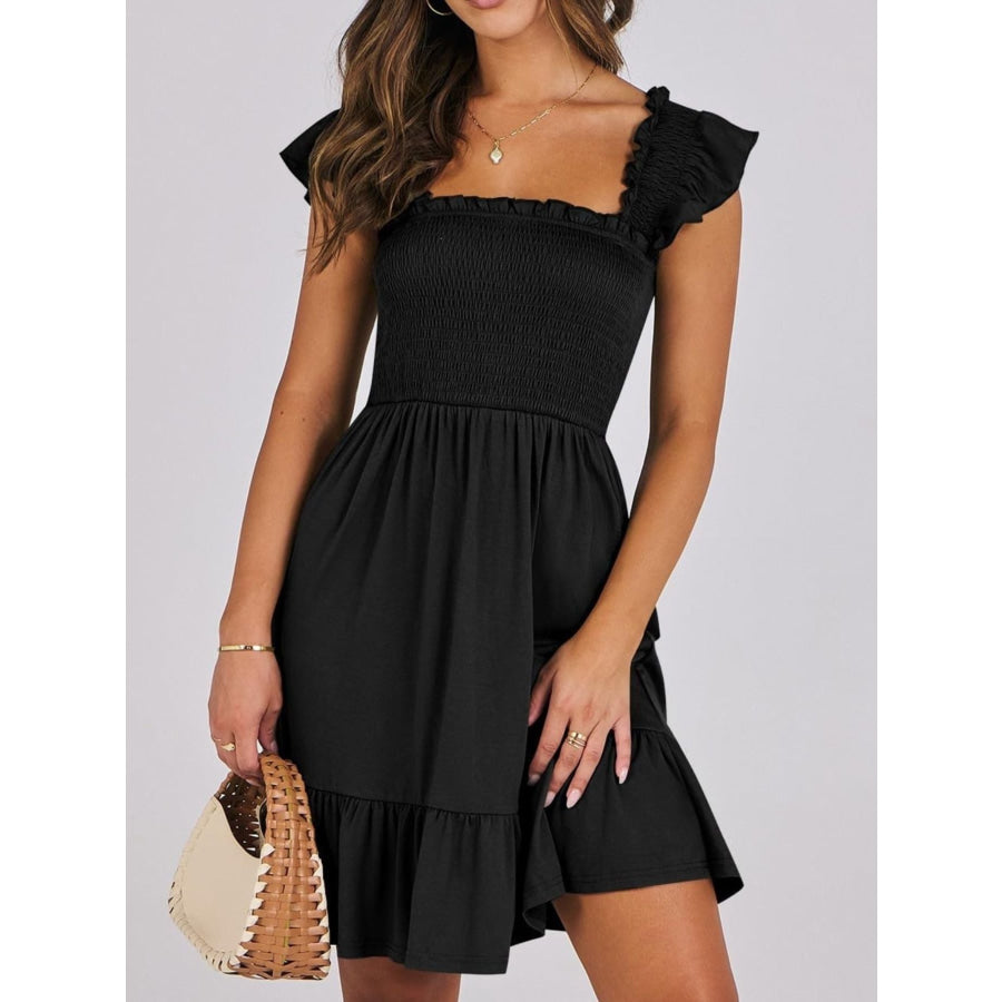 Smocked Ruffle Hem Mini Dress Black / S Apparel and Accessories