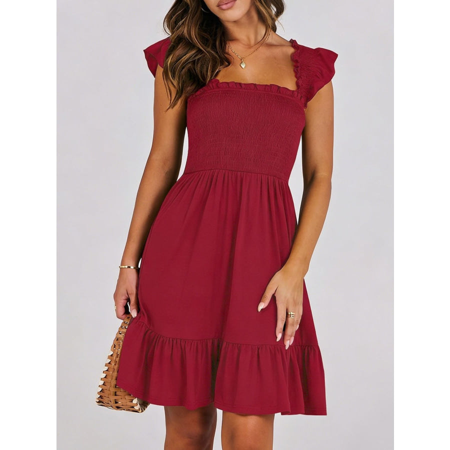 Smocked Ruffle Hem Mini Dress Burgundy / S Apparel and Accessories