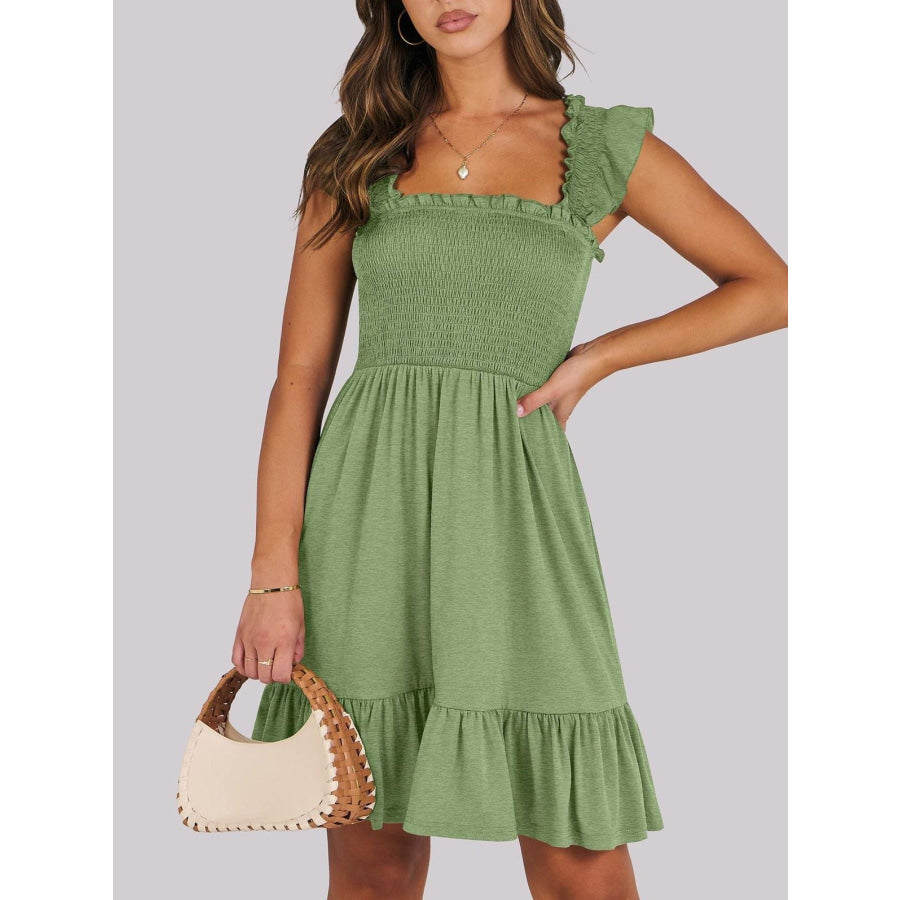 Smocked Ruffle Hem Mini Dress Sage / S Apparel and Accessories