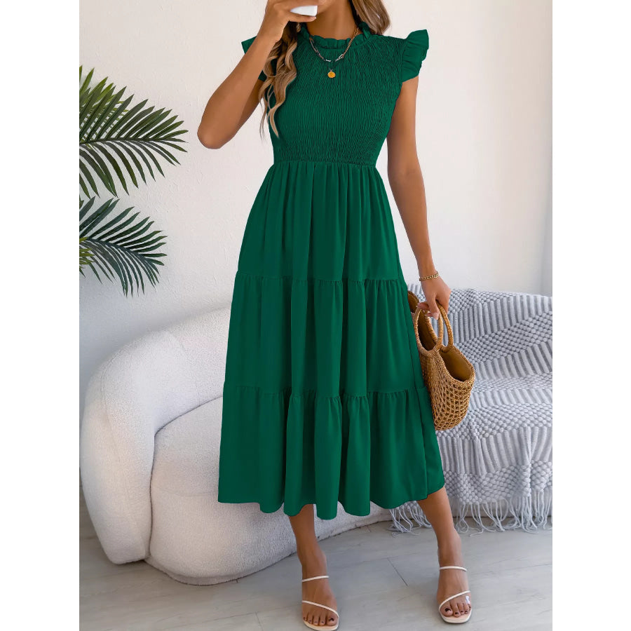 Smocked Ruffled Cap Sleeve Dress Green / S Apparel and Accessories