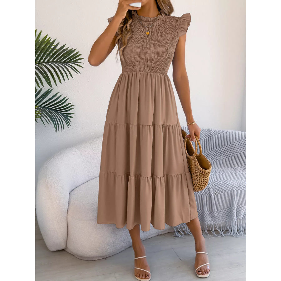 Smocked Ruffled Cap Sleeve Dress Khaki / S Apparel and Accessories