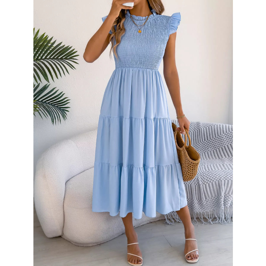 Smocked Ruffled Cap Sleeve Dress Light Blue / S Apparel and Accessories