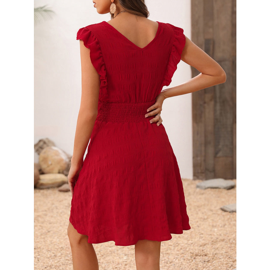 Smocked Ruffled Surplice Mini Dress Deep Red / S Apparel and Accessories