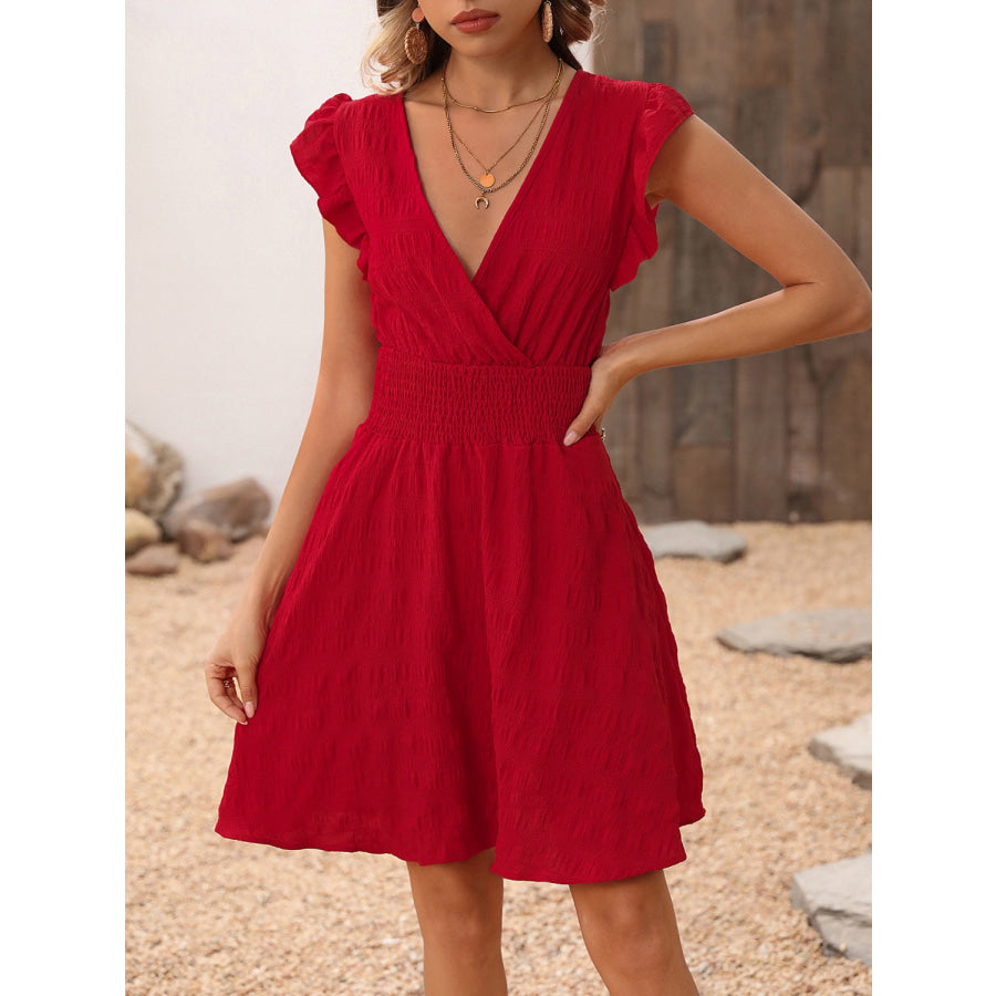 Smocked Ruffled Surplice Mini Dress Deep Red / S Apparel and Accessories