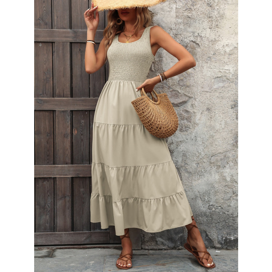 Smocked Scoop Neck Sleeveless Tank Dress Beige / S Apparel and Accessories