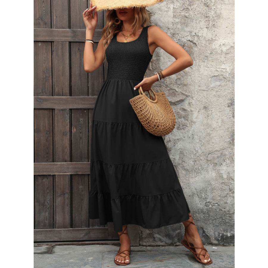 Smocked Scoop Neck Sleeveless Tank Dress Black / S Apparel and Accessories