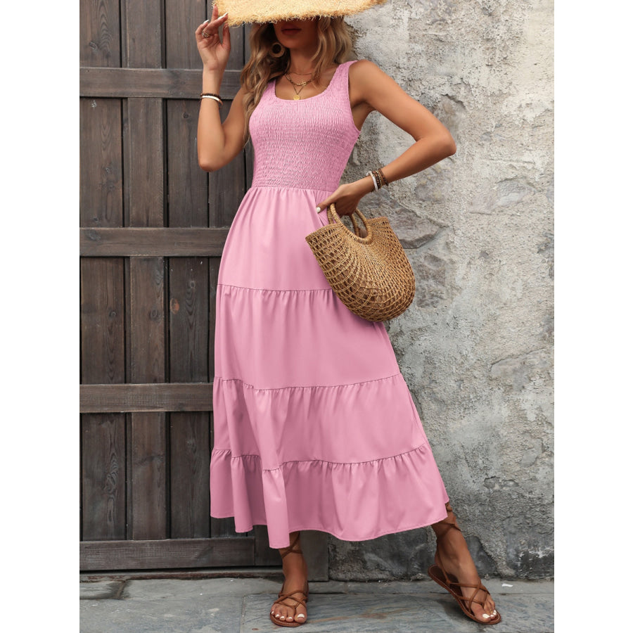 Smocked Scoop Neck Sleeveless Tank Dress Carnation Pink / S Apparel and Accessories