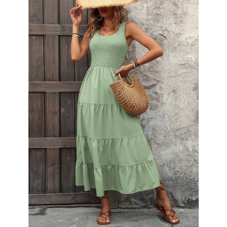 Smocked Scoop Neck Sleeveless Tank Dress Light Green / S Apparel and Accessories