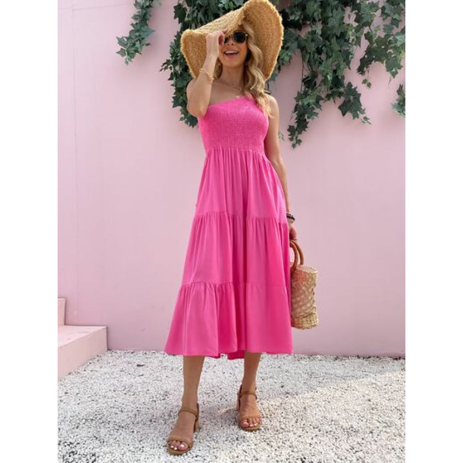 Smocked Single Shoulder Sleeveless Dress Hot Pink / S Apparel and Accessories