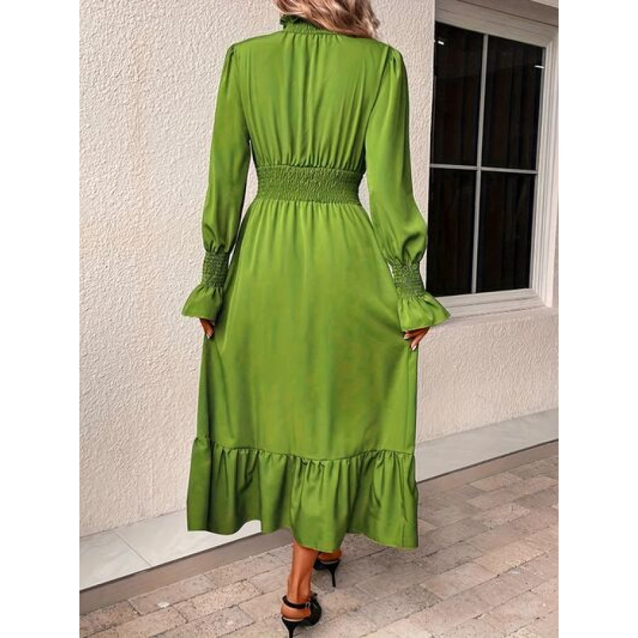 Smocked Slit Mock Neck Long Sleeve Dress Apparel and Accessories