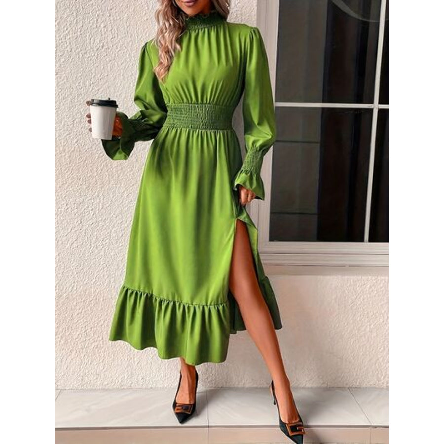 Smocked Slit Mock Neck Long Sleeve Dress Apparel and Accessories