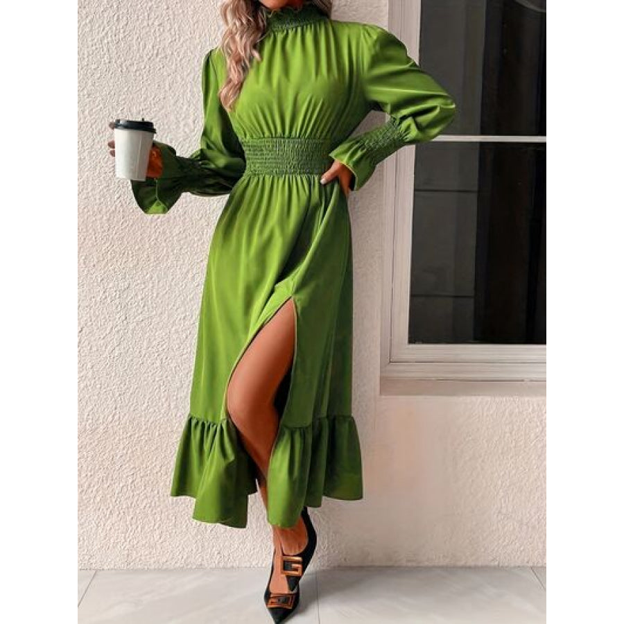 Smocked Slit Mock Neck Long Sleeve Dress Lime / S Apparel and Accessories