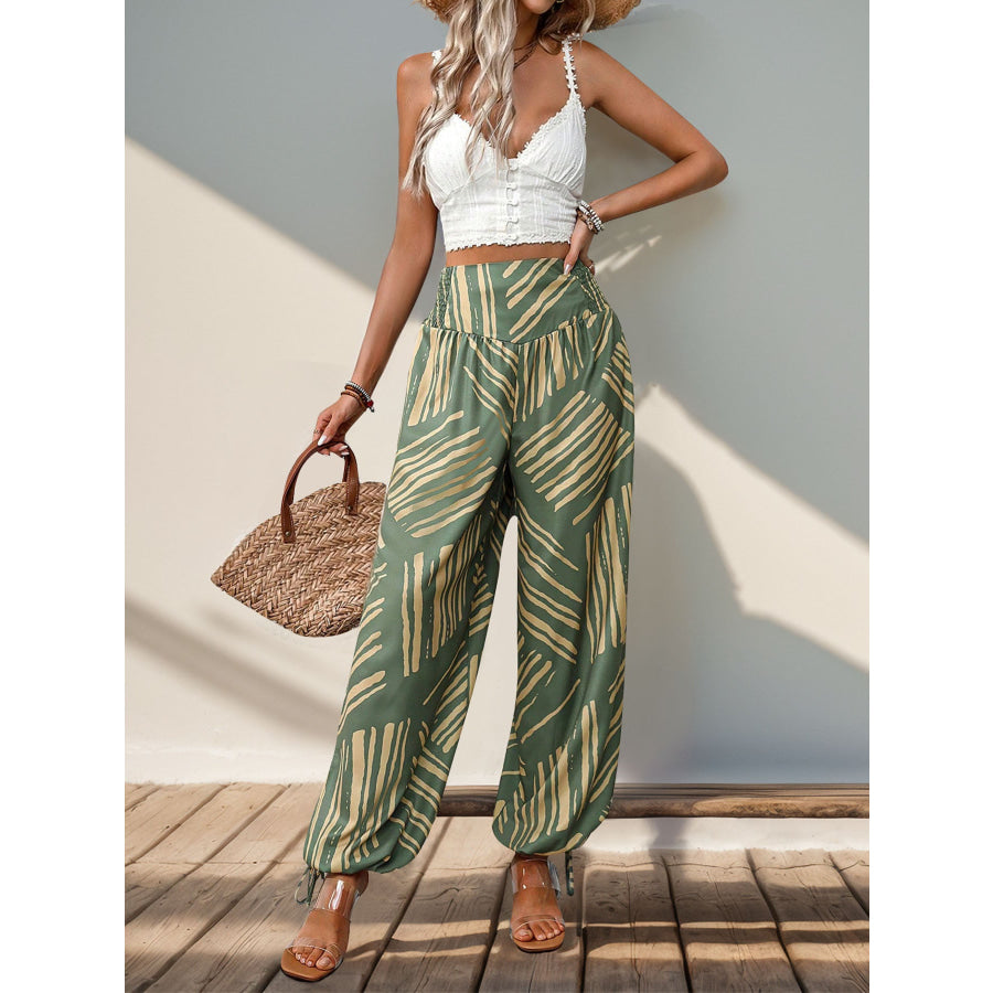 Smocked Slit Printed High Waist Pants Apparel and Accessories