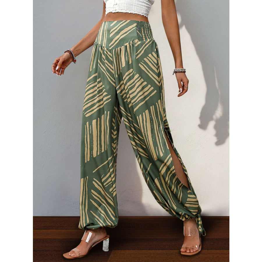 Smocked Slit Printed High Waist Pants Apparel and Accessories