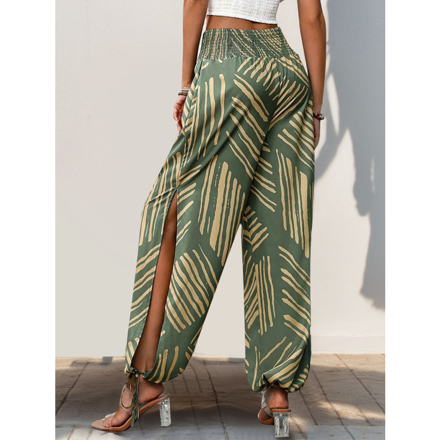 Smocked Slit Printed High Waist Pants Apparel and Accessories