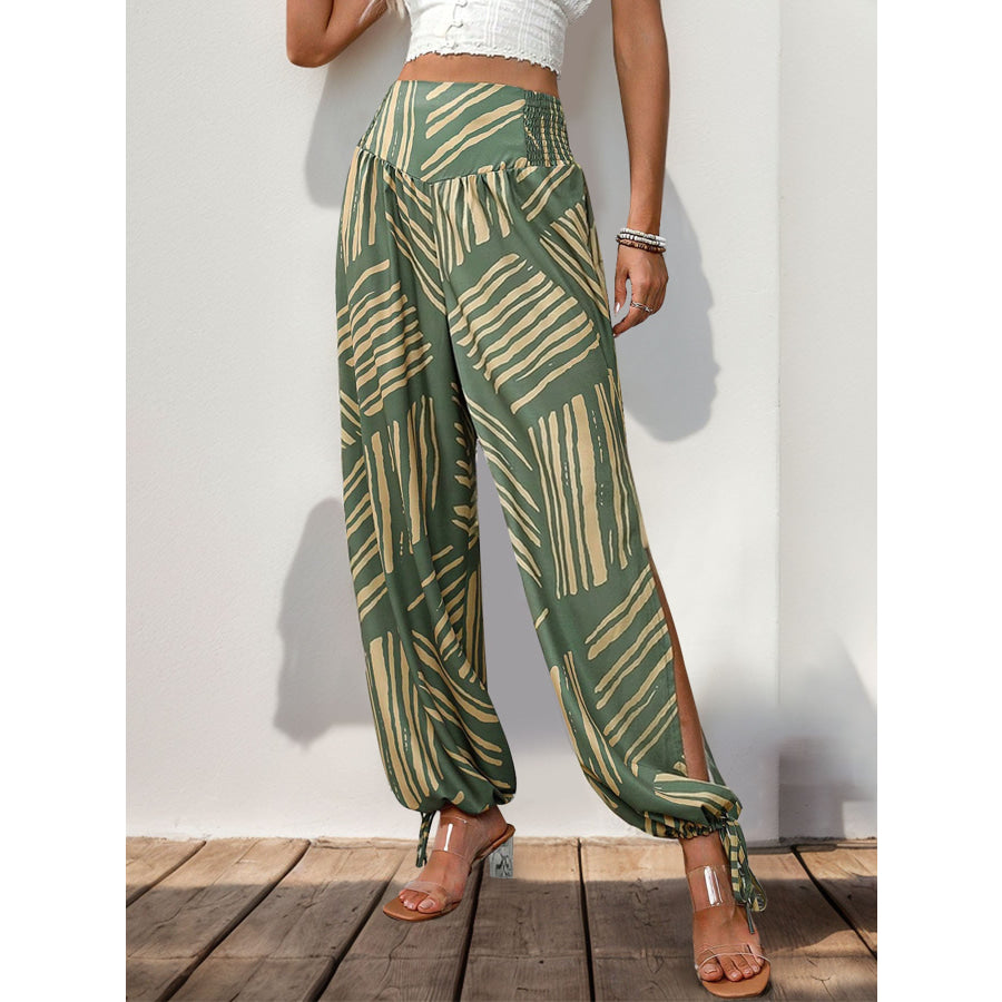 Smocked Slit Printed High Waist Pants Apparel and Accessories