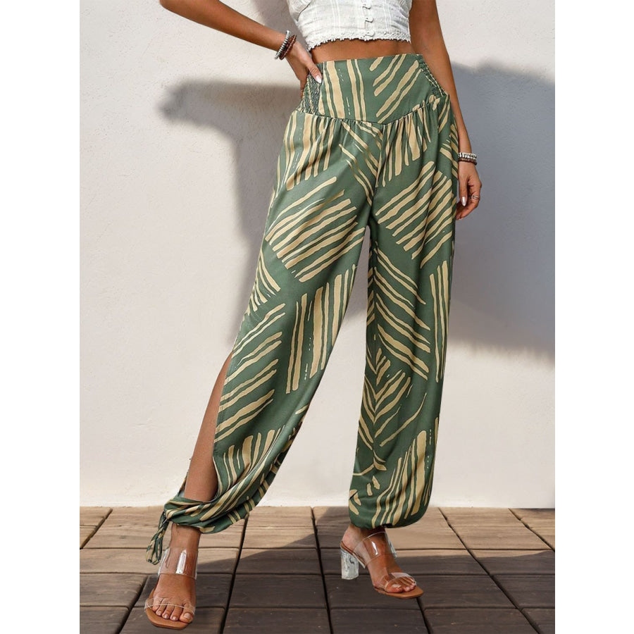 Smocked Slit Printed High Waist Pants Moss / S Apparel and Accessories