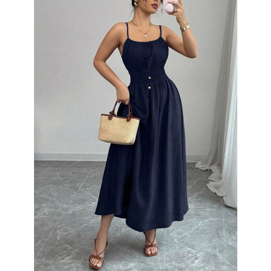 Smocked Spaghetti Strap Midi Dress Apparel and Accessories
