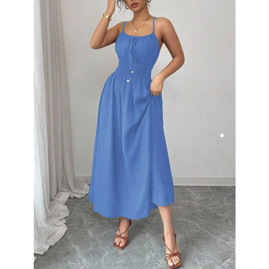Smocked Spaghetti Strap Midi Dress Apparel and Accessories