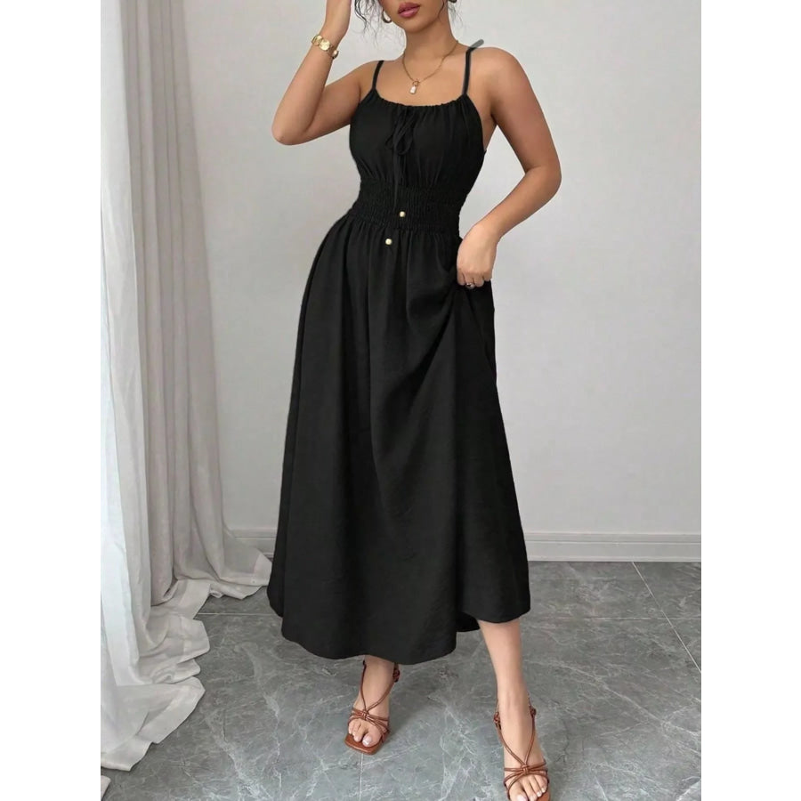 Smocked Spaghetti Strap Midi Dress Black / S Apparel and Accessories