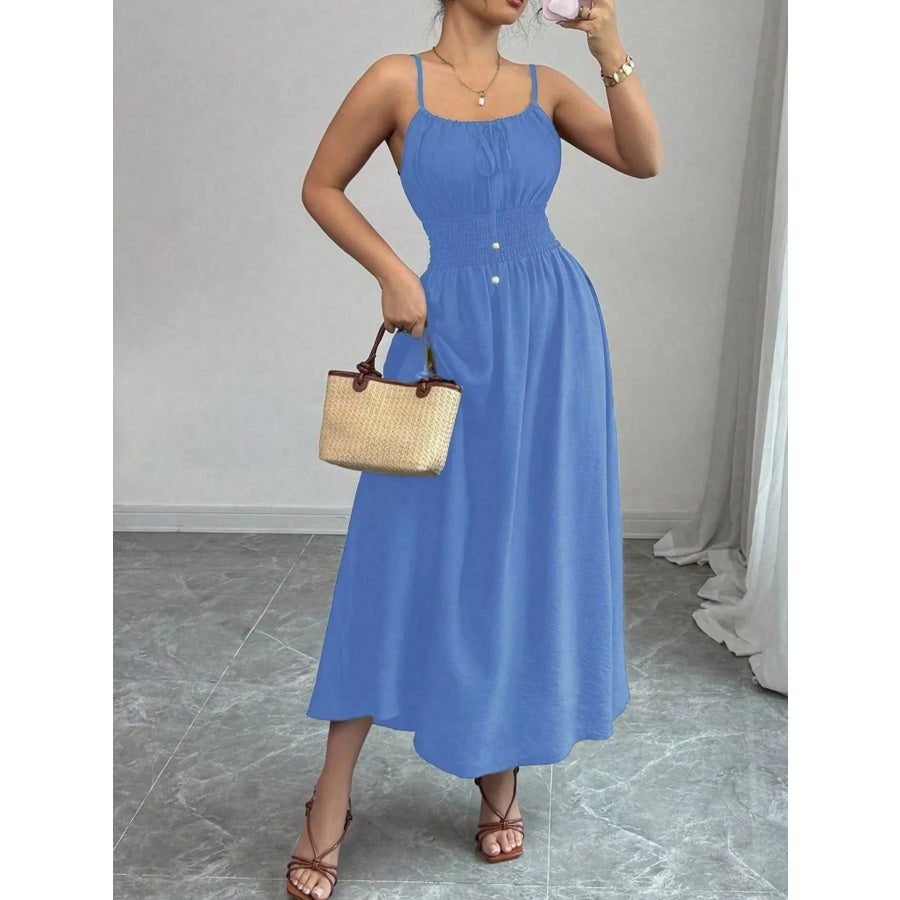 Smocked Spaghetti Strap Midi Dress Blue / S Apparel and Accessories