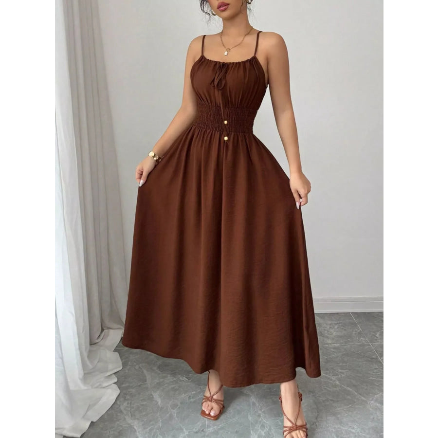Smocked Spaghetti Strap Midi Dress Brown / S Apparel and Accessories